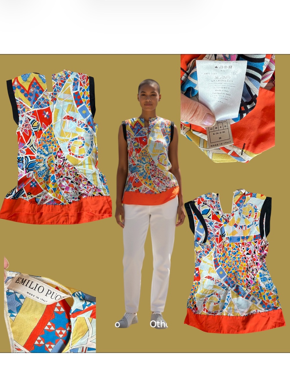 Emilio Pucci Multicolor Mosaic Sleeveless Shell with Red Hem
